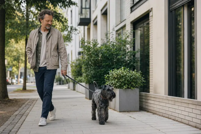 Ein Kerry Blue Terrier läuft an der Leine mit seinem Besitzer durch eine freundliche moderne Stadtstraße.