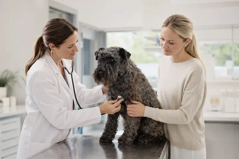 Ein Kerry Blue Terrier wird behutsam von einer freundlichen Tierärztin auf einem Untersuchungstisch in einer modernen Tierarztpraxis untersucht.