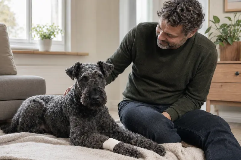 Ein Kerry Blue Terrier entspannt mit einem leichten Verband an der Pfote neben seinem erleichterten Besitzer auf einer Decke in einer hellen Wohnung.