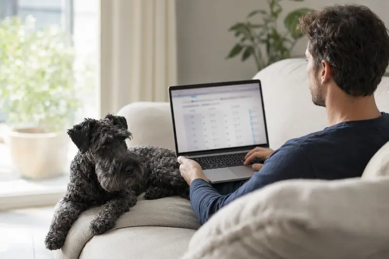 Ein Hundebesitzer sitzt entspannt mit einem Laptop auf dem Sofa, während ein Kerry Blue Terrier neben ihm sitzt.