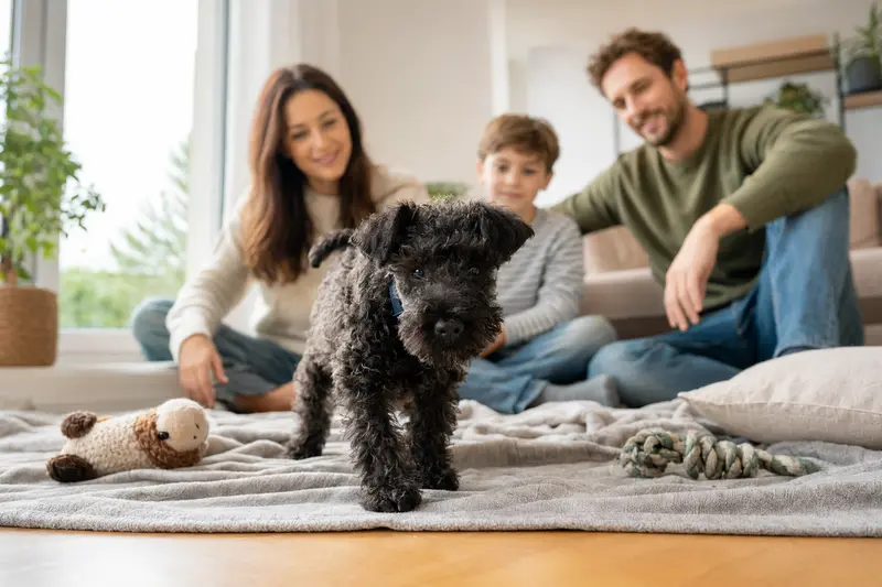 Ein neugieriger Kerry Blue Terrier Welpe erkundet sein neues Zuhause mit liebevoller Familie im Hintergrund.