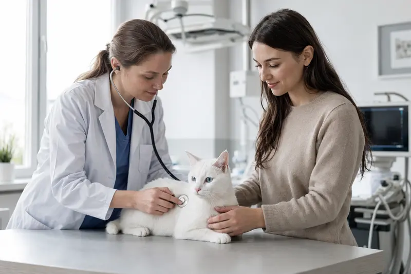 Eine Khao Manee Katze auf dem Untersuchungstisch, während eine Tierärztin sie mit einem Stethoskop untersucht.