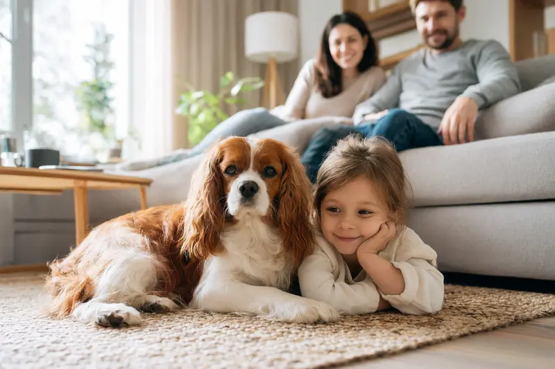 Ein freundlicher King-Charles-Spaniel liegt entspannt neben einem Kind im hellen Wohnzimmer.