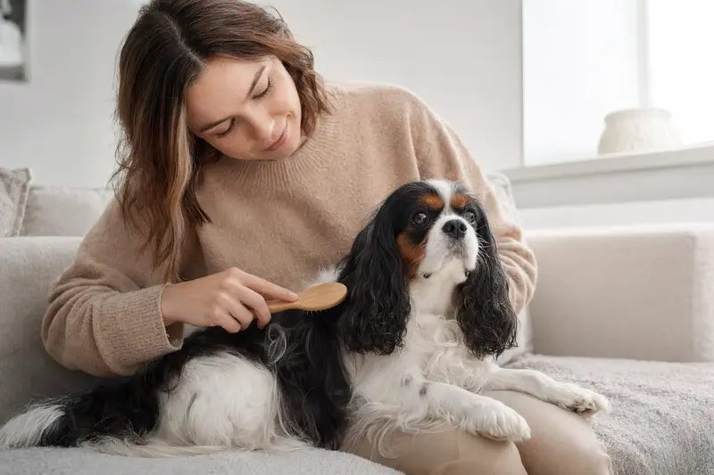 Ein King-Charles-Spaniel wird in einer hellen Wohnung sanft gebürstet, während sein Besitzer liebevoll die Fellpflege übernimmt.