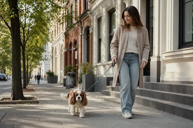 Ein King-Charles-Spaniel läuft an der Leine mit seinem Besitzer durch eine moderne Stadtstraße.