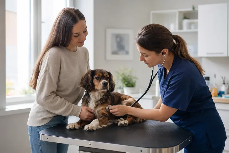 Ein ruhiger King-Charles-Spaniel wird von einer freundlichen Tierärztin in einer modernen Praxis mit einem Stethoskop untersucht, während der Besitzer beruhigend danebensteht.