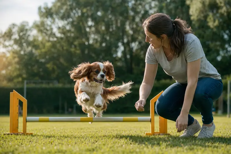Ein aktiver King-Charles-Spaniel springt mit seinem Besitzer über eine kleine Trainingshürde auf dem Hundeplatz.