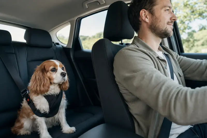 Ein King-Charles-Spaniel Hund sitzt sicher angeschnallt auf der Rückbank eines Autos, während der Besitzer fährt.