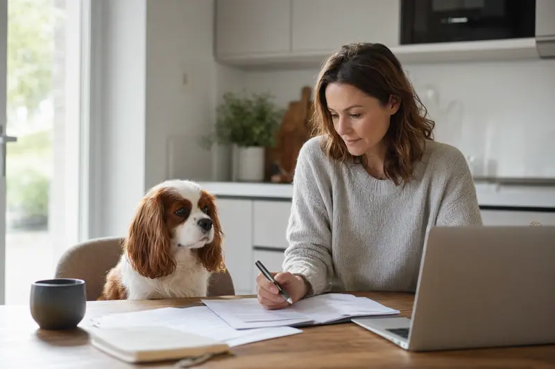 Ein ruhiger King-Charles-Spaniel sitzt neben seinem Besitzer am Küchentisch, auf dem Versicherungsunterlagen und ein Laptop liegen.