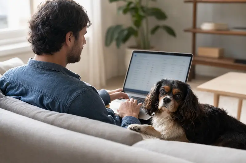 Ein Hundebesitzer arbeitet entspannt mit seinem Laptop auf dem Sofa, während sein King-Charles-Spaniel neben ihm sitzt und eine neutrale Versicherungsvergleichsseite auf dem Bildschirm angezeigt wird.