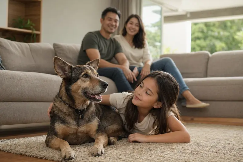Ein entspannter Kintamani Hund liegt friedlich neben einem Kind im Wohnzimmer und schafft eine vertrauensvolle Familienatmosphäre.