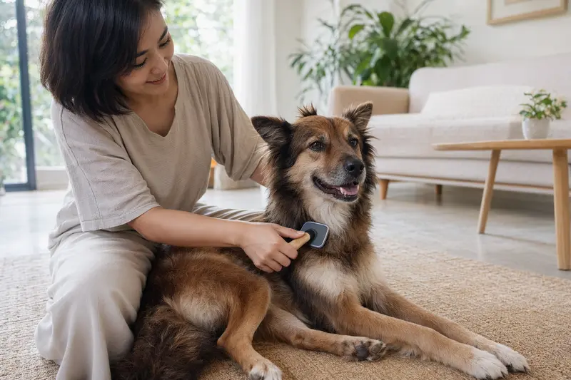 Ein Kintamani Hund wird liebevoll von seinem Besitzer in einer hellen Wohnung gebürstet, was eine ruhige und gesunde Atmosphäre schafft.