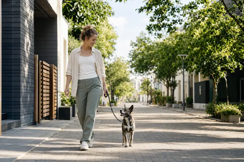 Ein Kintamani Hund läuft an der Leine mit seinem Besitzer durch eine moderne Stadtstraße bei natürlichem Licht.