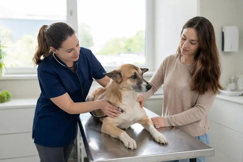 Ein Kintamani Hund wird behutsam von einer freundlichen Tierärztin mit einem Stethoskop in einer modernen Tierarztpraxis untersucht.