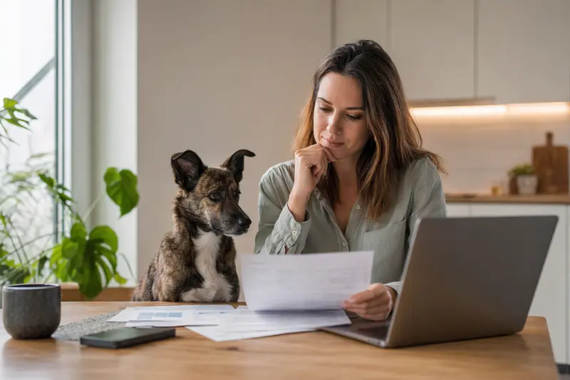 Ein Kintamani Hund sitzt entspannt neben seinem Besitzer am Küchentisch, auf dem Versicherungsunterlagen und ein Laptop liegen.