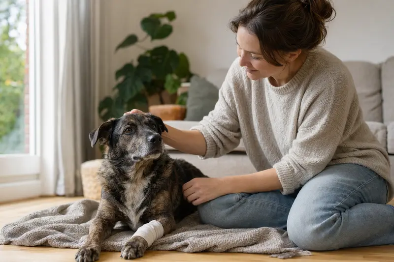 Ein Kintamani Hund mit leichtem Verband an der Pfote liegt ruhig neben seinem Besitzer in einer hellen Wohnung.