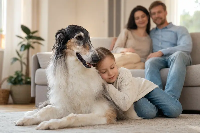 Ein freundlicher Kirghiz Barzoi liegt entspannt neben einem Kind im Wohnzimmer, während die Eltern im Hintergrund eine sichere Familienatmosphäre schaffen.