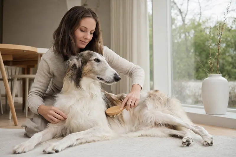 Eine Besitzerin bürstet einen Kirghiz Barzoi in einer hellen Wohnung sanft und liebevoll, während sie auf die Fellpflege und Gesundheit des Hundes achtet.