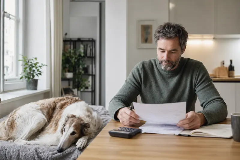 Ein Hundehalter sitzt mit einer Tierarztrechnung am Tisch, während ein entspannter Kirghiz Barzoi auf einer Decke neben ihm liegt, passend zum Thema Hundekrankenversicherung.