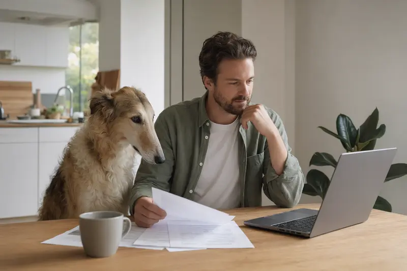 Ein Kirghiz Barzoi Hund sitzt entspannt neben seinem Besitzer am Küchentisch mit Versicherungsunterlagen und einem Laptop.