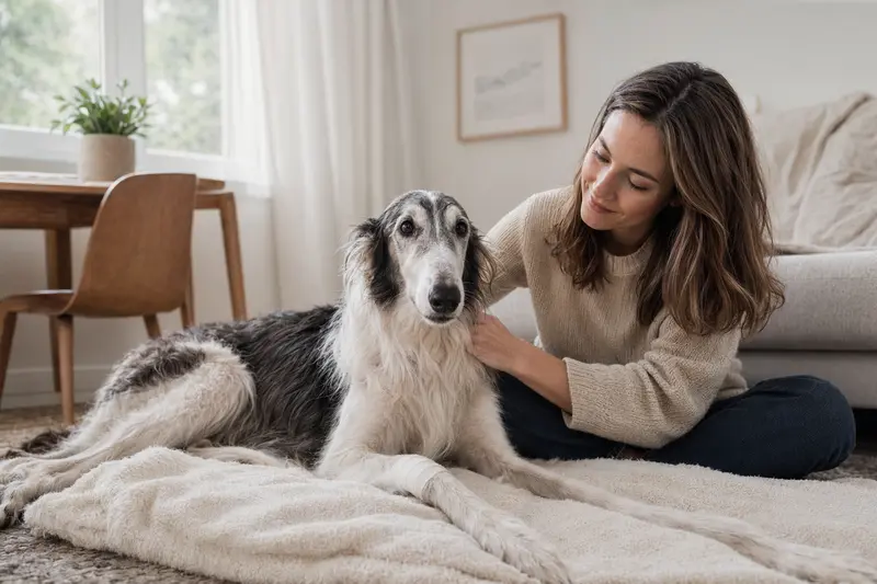 Ein Kirghiz Barzoi Hund mit leichtem Verband ruht friedlich auf einer Decke, während sein Besitzer ihn beruhigend anblickt.