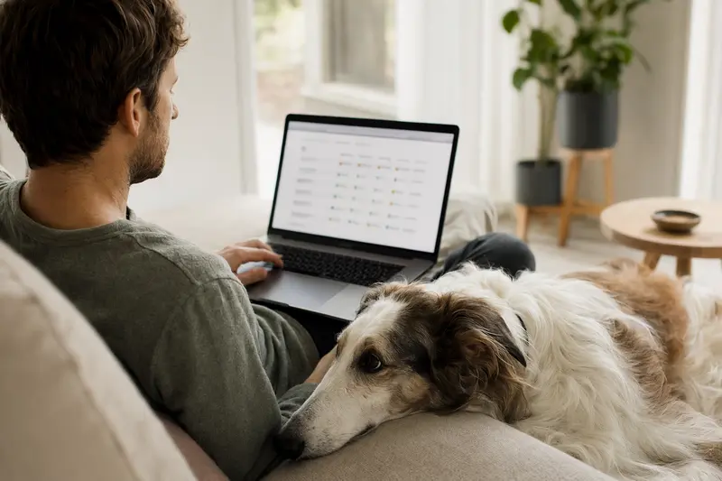 Ein Hundebesitzer sitzt mit Laptop auf dem Sofa, während ein Kirghiz Barzoi Hund neben ihm liegt und eine neutrale Versicherungsvergleichs-Oberfläche zeigt.
