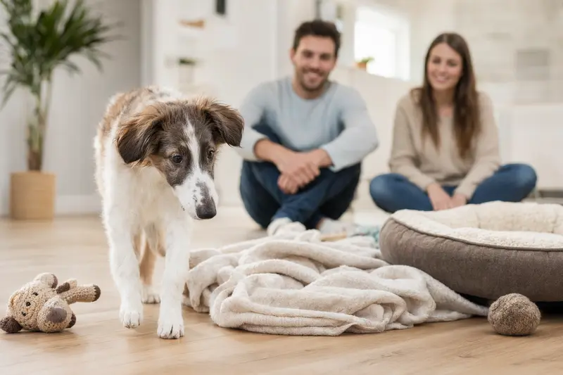 Ein junger Kirghiz Barzoi Welpe entdeckt neugierig sein neues Zuhause mit weicher Decke und Spielzeug in einer hellen Wohnung.