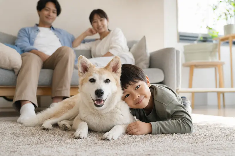 Ein freundlicher Kishu Hund liegt entspannt neben einem Kind im Wohnzimmer, während die Eltern im Hintergrund für eine sichere Familienatmosphäre sorgen.