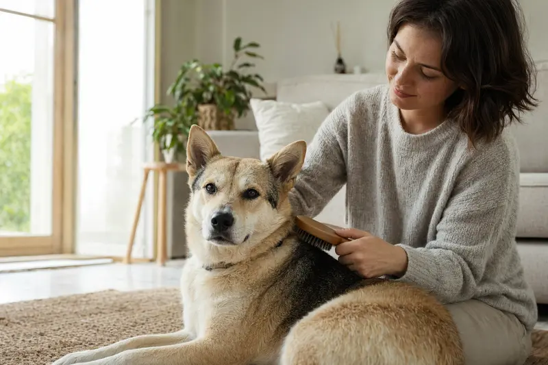 Ein Kishu Hund wird in einer hellen Wohnung sanft gebürstet, während sich der Besitzer liebevoll um die Fellpflege kümmert.