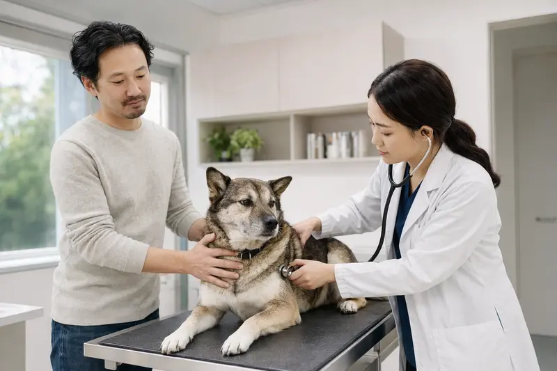 Ein Kishu Hund wird von einer Tierärztin in einer modernen Praxis mit einem Stethoskop behutsam untersucht, während sein Besitzer beruhigend daneben steht.
