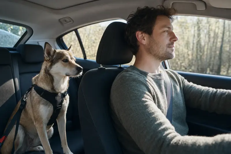 Ein Kishu Hund sitzt sicher angeschnallt auf der Rückbank eines Autos und genießt die Fahrt bei Sonnenschein.