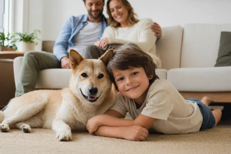Ein freundlicher Kishu Inu Hund liegt entspannt neben einem Kind im Wohnzimmer, während die Eltern im Hintergrund eine sichere Familienatmosphäre schaffen.