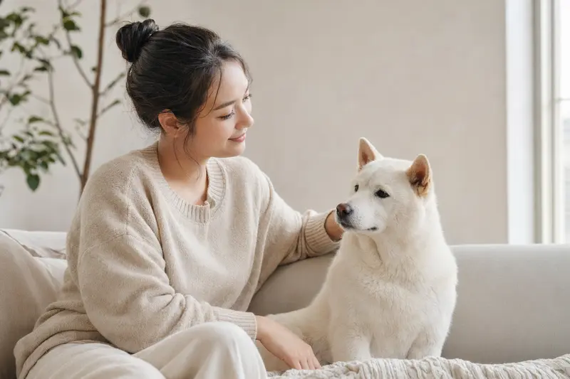 Ein aufmerksam stehender Kishu Inu Hund vor hellem Hintergrund in natürlicher Pose, aufgenommen als realistisches Tierportrait.