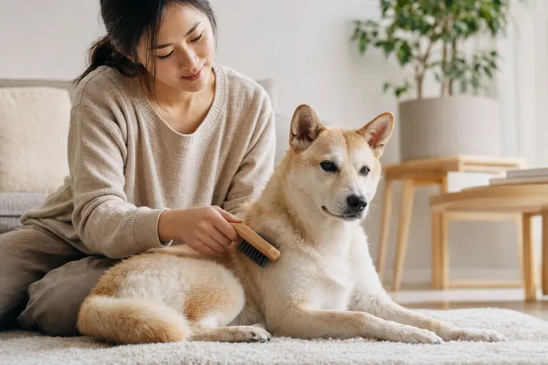 Ein Kishu Inu wird in einer hellen Wohnung sanft von seinem Besitzer gebürstet, während die Fellpflege ruhig und aufmerksam durchgeführt wird.