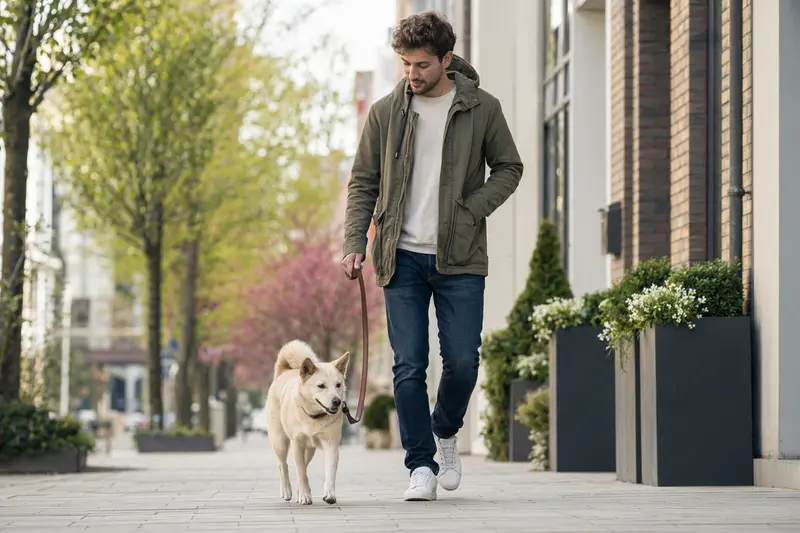 Ein Kishu Inu läuft an der Leine mit seinem Besitzer durch eine moderne Stadtstraße.