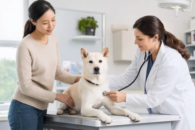 Ein Kishu Inu Hund wird behutsam von einer Tierärztin mit Stethoskop in einer modernen Praxis untersucht, während sein Besitzer beruhigend daneben steht.