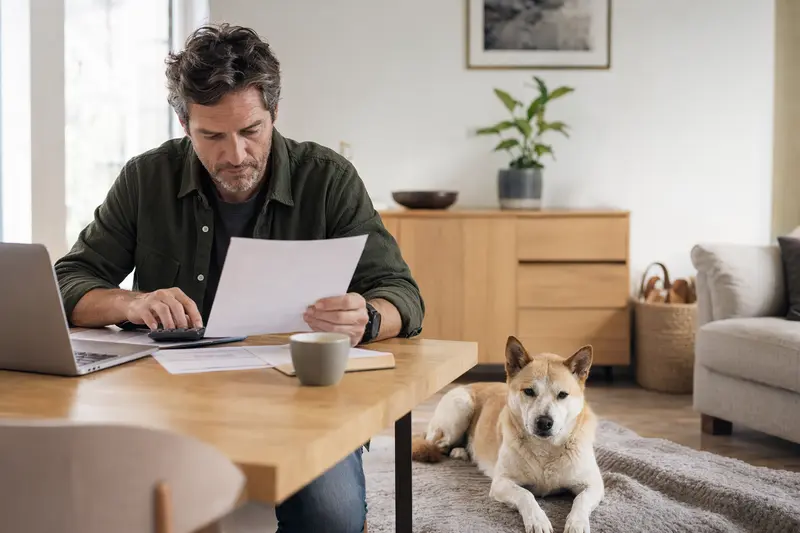 Besitzer sitzt mit Tierarztrechnung am Tisch, während ein entspannter Kishu Inu Hund auf einer Decke liegt, als ruhige Szene zum Thema Hundekrankenversicherung.