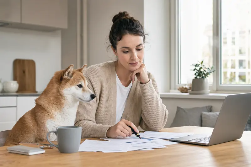 Ein Kishu Inu Hund sitzt brav neben seinem Besitzer am Küchentisch, auf dem Versicherungsunterlagen und ein Laptop liegen.