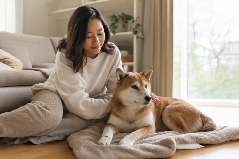 Ein Kishu Inu Hund mit leichtem Verband an der Pfote liegt entspannt auf einer Decke, während sein Besitzer erleichtert daneben sitzt.