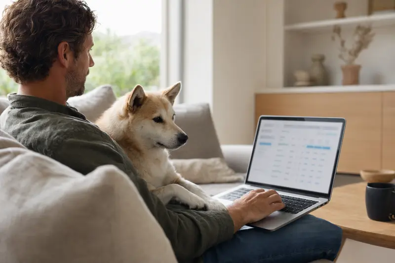 Besitzer arbeitet am Laptop auf dem Sofa, während ein Kishu Inu Hund daneben sitzt und eine neutrale Versicherungsvergleichs-Oberfläche im Hintergrund zu sehen ist.