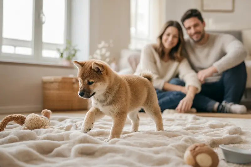 Ein neugieriger Kishu Inu Welpe erkundet seine neue, freundliche Wohnung mit kuscheliger Decke und Spielzeug.