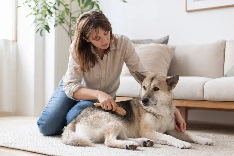 Ein Kishu-Ken Hund wird zuhause liebevoll gebürstet, während sein Besitzer die Fellpflege in einer hellen Wohnung ruhig und aufmerksam übernimmt.