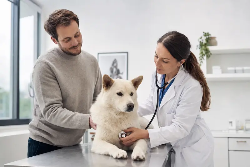 Ein Kishu-Ken Hund wird behutsam von einer Tierärztin in einer modernen Praxis mit einem Stethoskop untersucht, während der Besitzer beruhigend daneben steht.