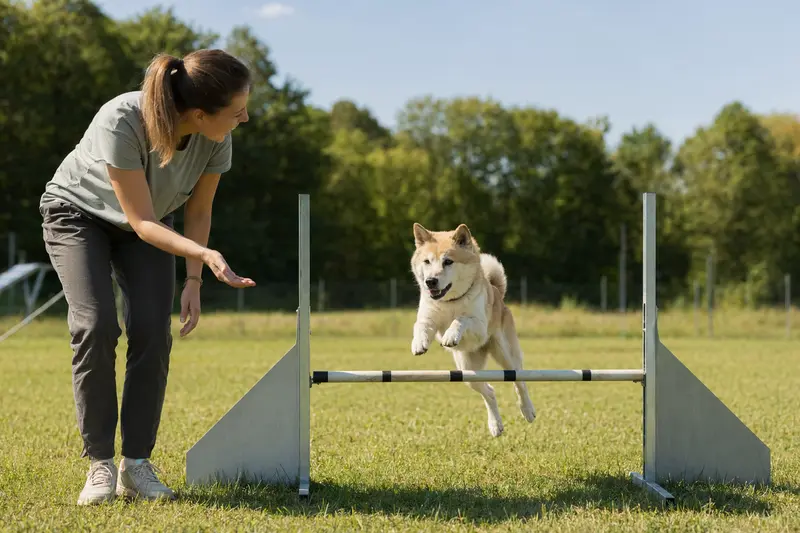 Ein aktiver Kishu-Ken trainiert mit seinem Besitzer auf einem Hundeplatz über eine kleine Hürde.