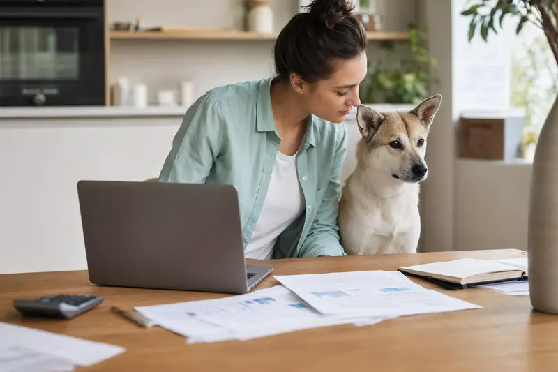Ein Kishu-Ken Hund sitzt entspannt neben seinem Besitzer am Küchentisch mit Versicherungsunterlagen und einem Laptop.