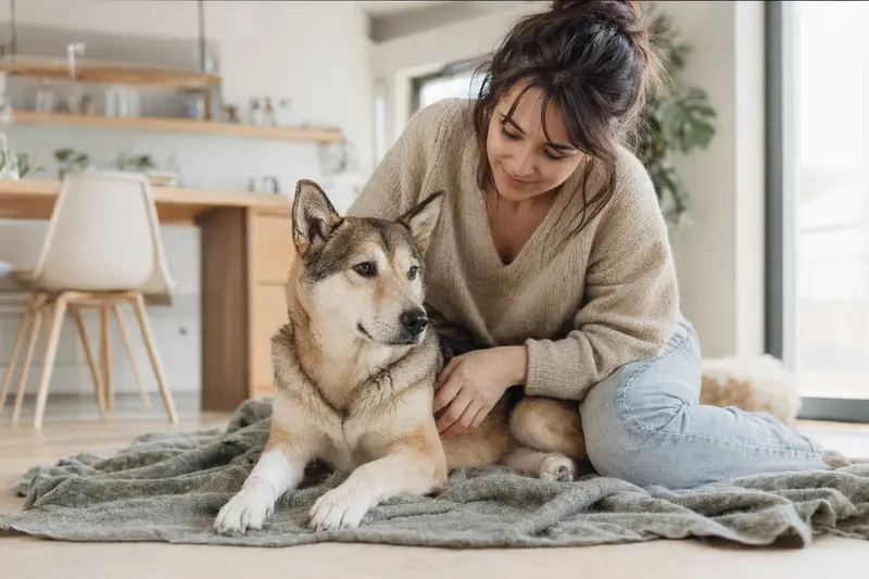 Ein Kishu-Ken Hund mit Verband an der Pfote liegt neben seinem erleichterten Besitzer auf einer Decke in einer hellen Wohnung.