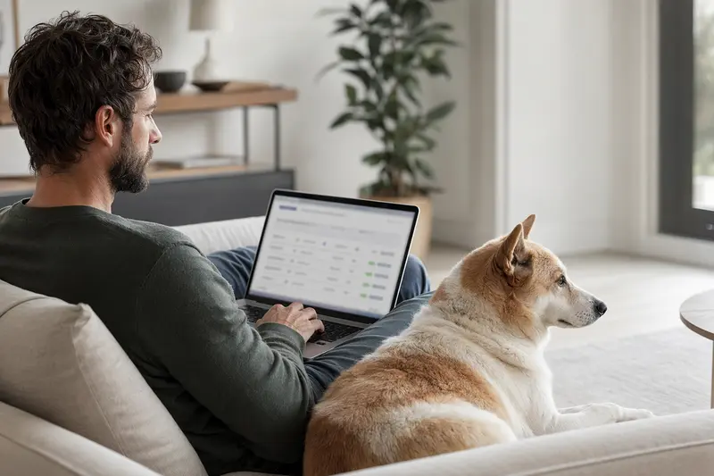 Ein Hundebesitzer mit Laptop auf dem Sofa, neben seinem Kishu-Ken Hund, während er eine Versicherungsvergleichsseite betrachtet.