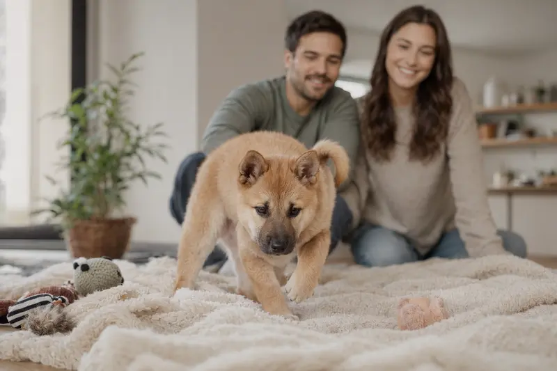 Ein junger Kishu-Ken Welpe erkundet neugierig seine weiche Decke und Spielzeuge in einer hellen, freundlichen Wohnung, während eine liebevolle Familie im Hintergrund zuschaut.