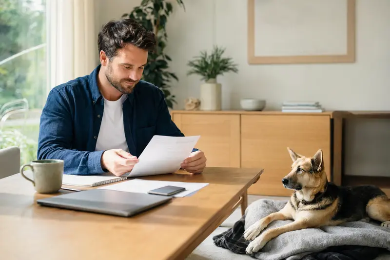 Ein Hundehalter sitzt mit einer Tierarztrechnung am Tisch, während ein entspannter Kishu Hund auf einer Decke daneben liegt.