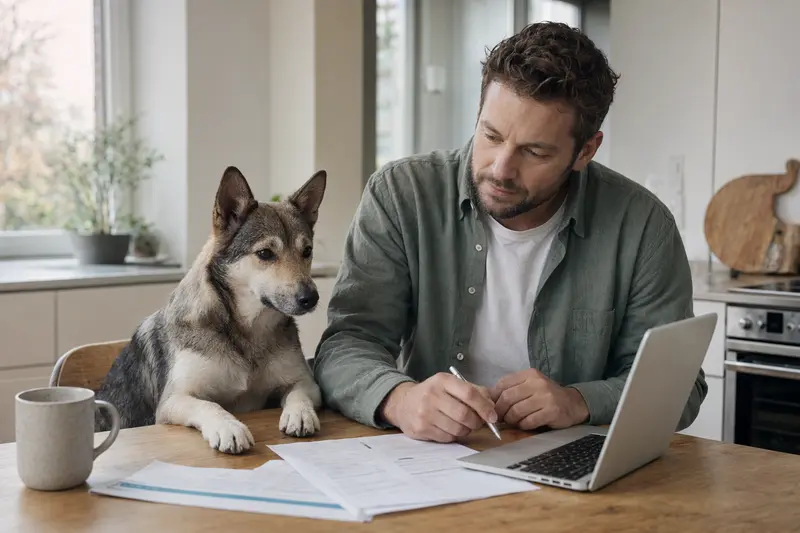 Ein Kishu Hund sitzt entspannt neben seinem Besitzer am Küchentisch, auf dem Rechnungen und ein Laptop liegen.